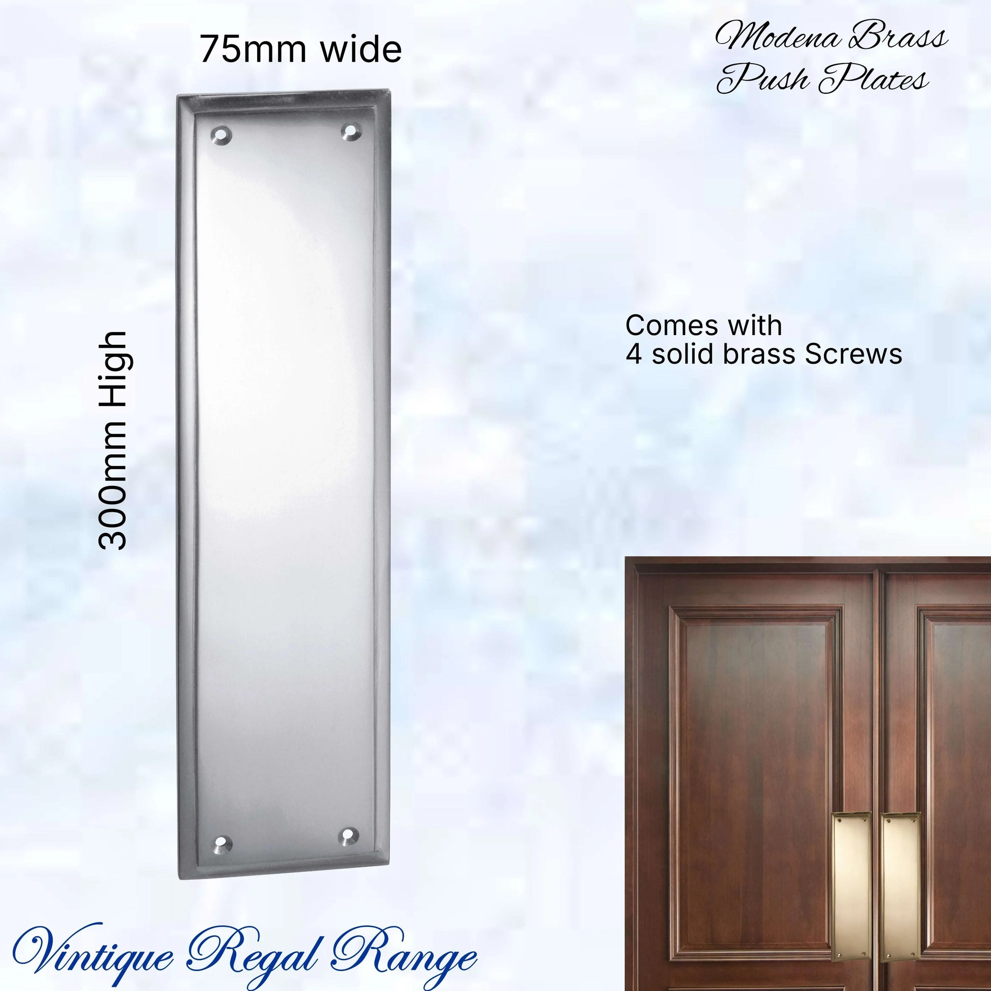 Chrome Plated MODENA Brass Push Plate 300mm x 75mm - Vintique Concepts