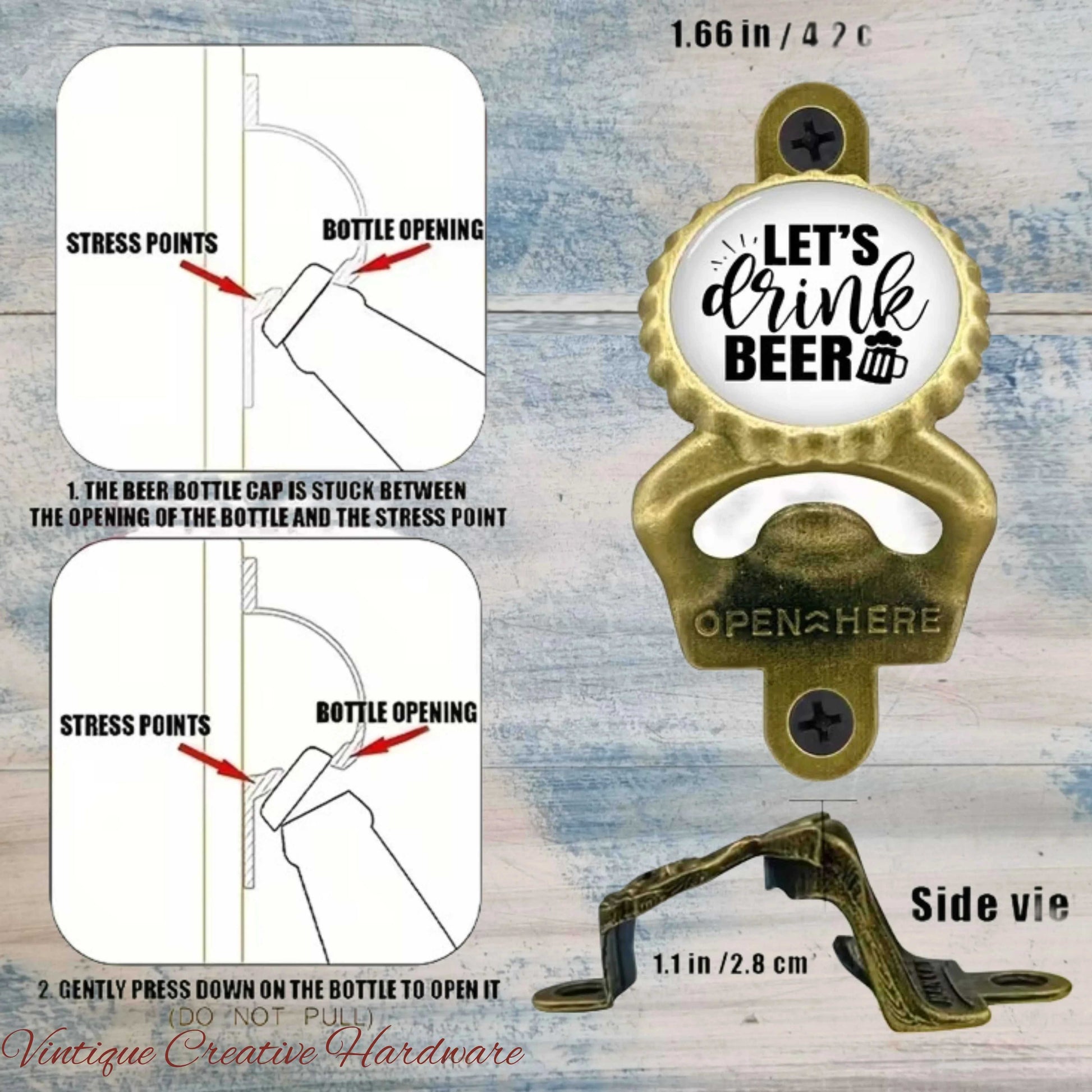 Lets Drink Beer- antique gold HD Wall Mounted Vintage Bottle opener for beer bottles - Vintique Concepts