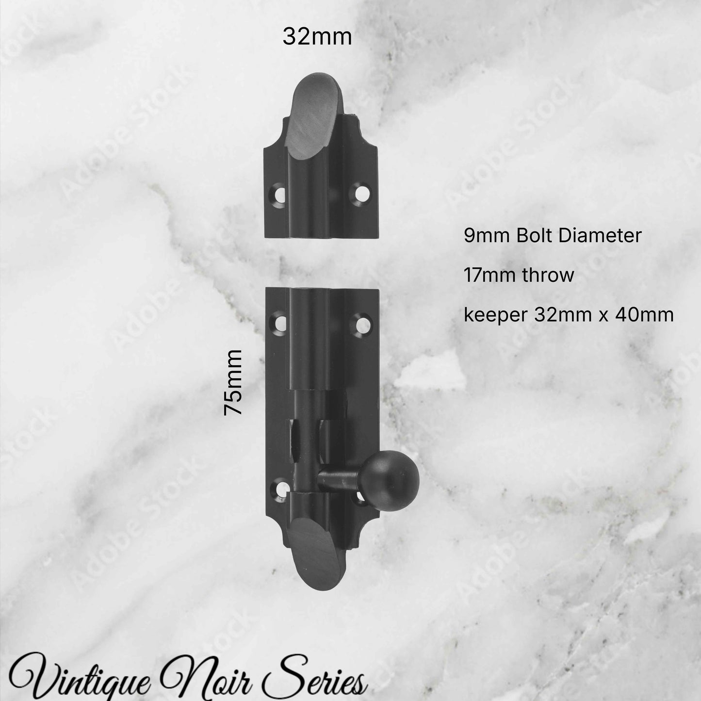 Georgian sliding Barrel Bolt Matt Black w/- wide keeper -75mmx 32mm