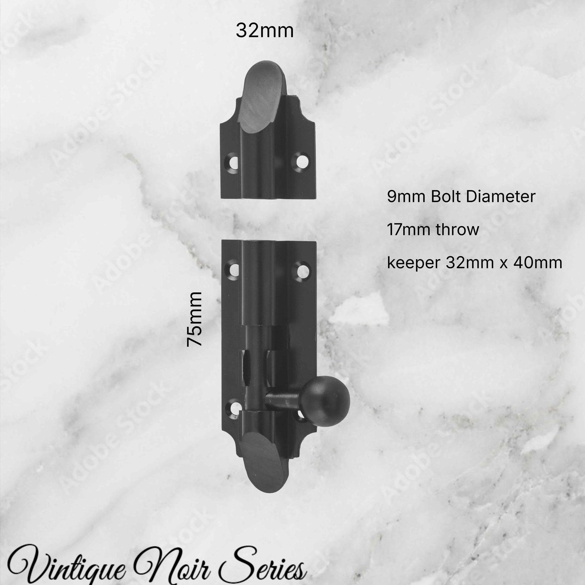 Georgian sliding Barrel Bolt Matt Black w/- wide keeper -75mmx 32mm