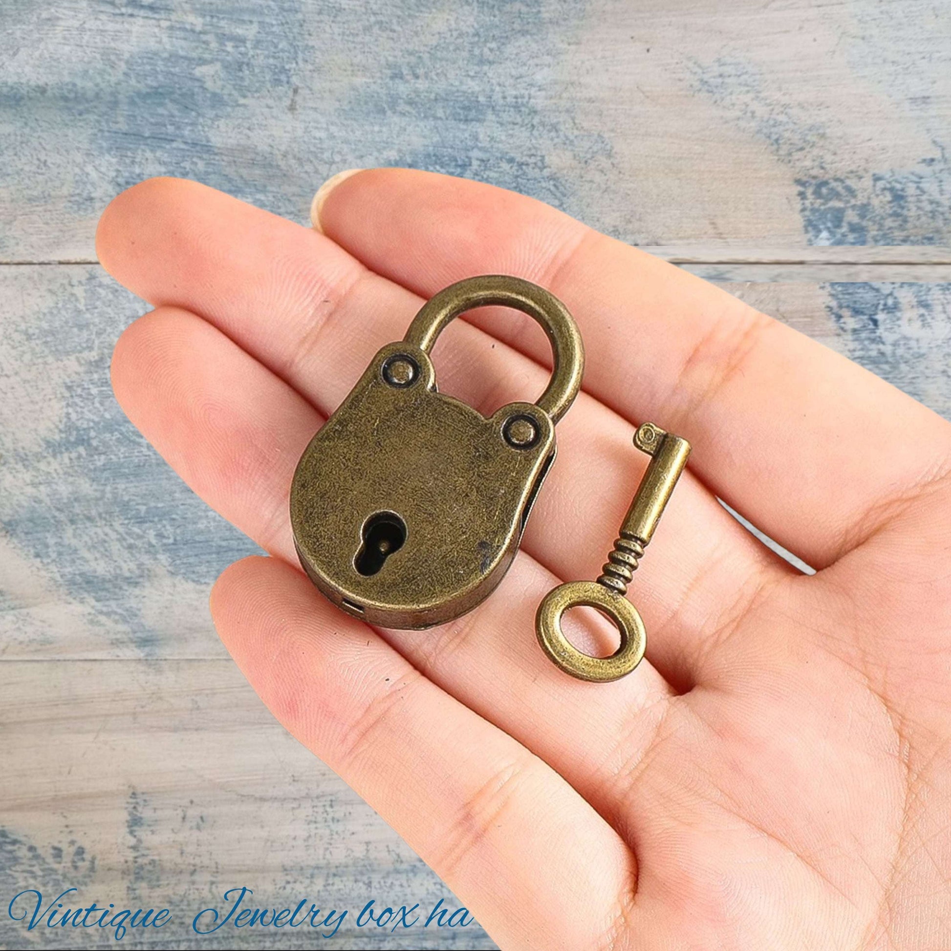 jewelry Box Padlock Antique Gold with Key 36mm x 21mm