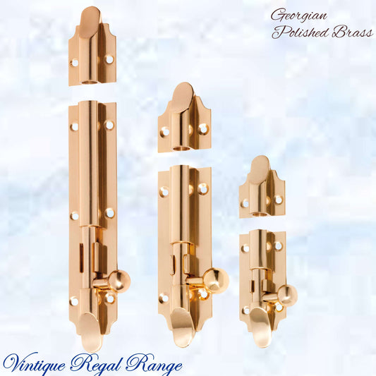 Georgian sliding Barrel Bolt Polished Brass w/wide keeper -3 sizes