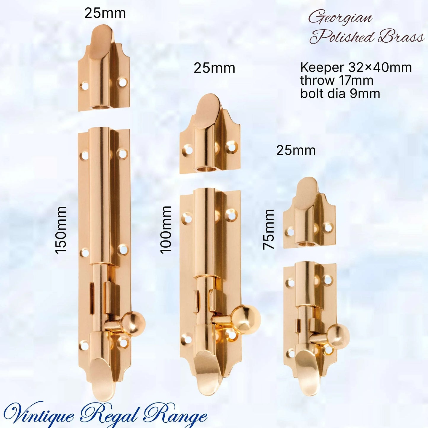 Georgian sliding Barrel Bolt Polished Brass w/wide keeper -3 sizes - Vintique Concepts