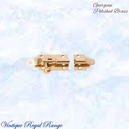 Georgian sliding Barrel Bolt Polished Brass w/wide keeper -3 sizes - Vintique Concepts