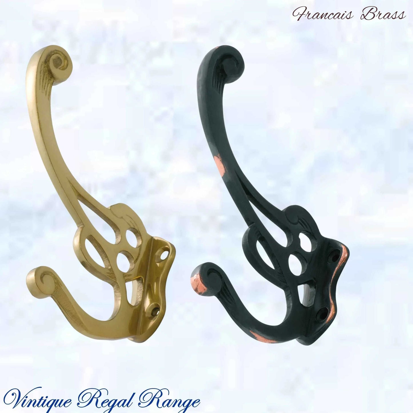Brass Francais Coat & Hat Hook 115mm x 80mm (2 antique finishes) - Vintique Concepts