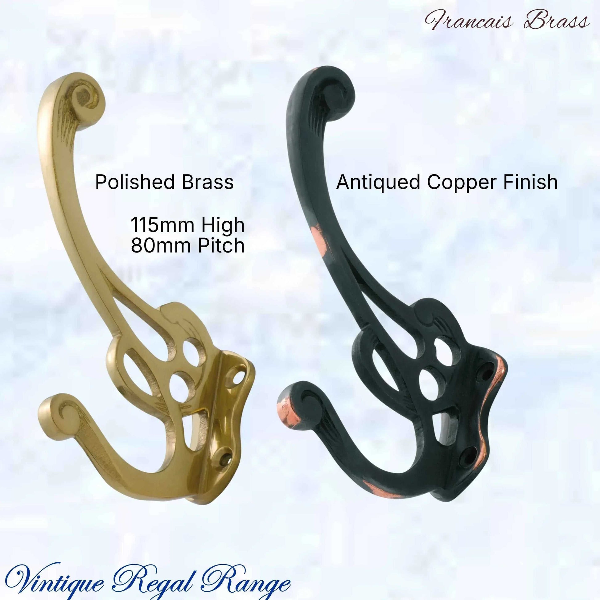 Brass Francais Coat & Hat Hook 115mm x 80mm (2 antique finishes) - Vintique Concepts