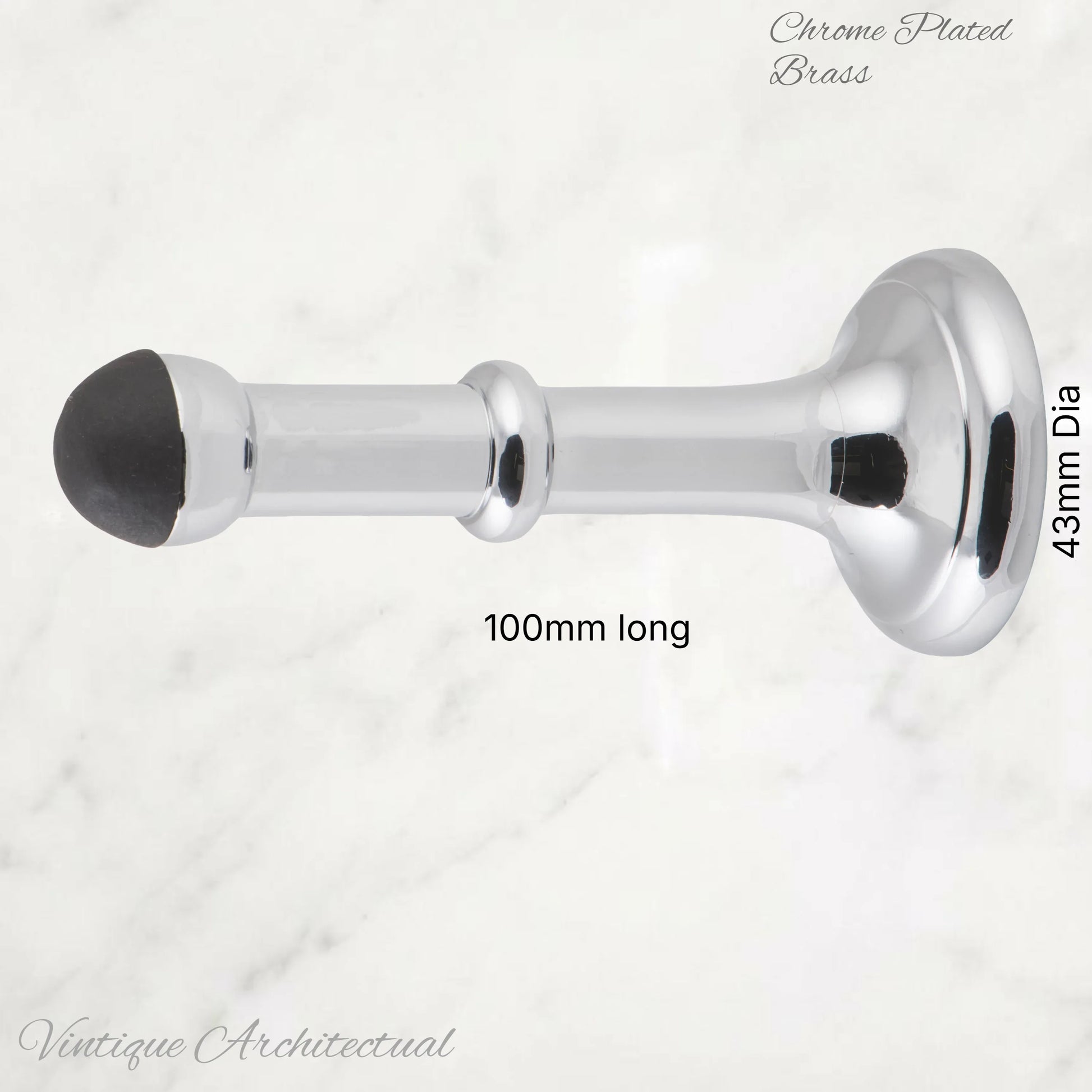 Chrome Plated Brass Classic rubber door stop 100mm Long-Invisible fixing - Vintique Concepts
