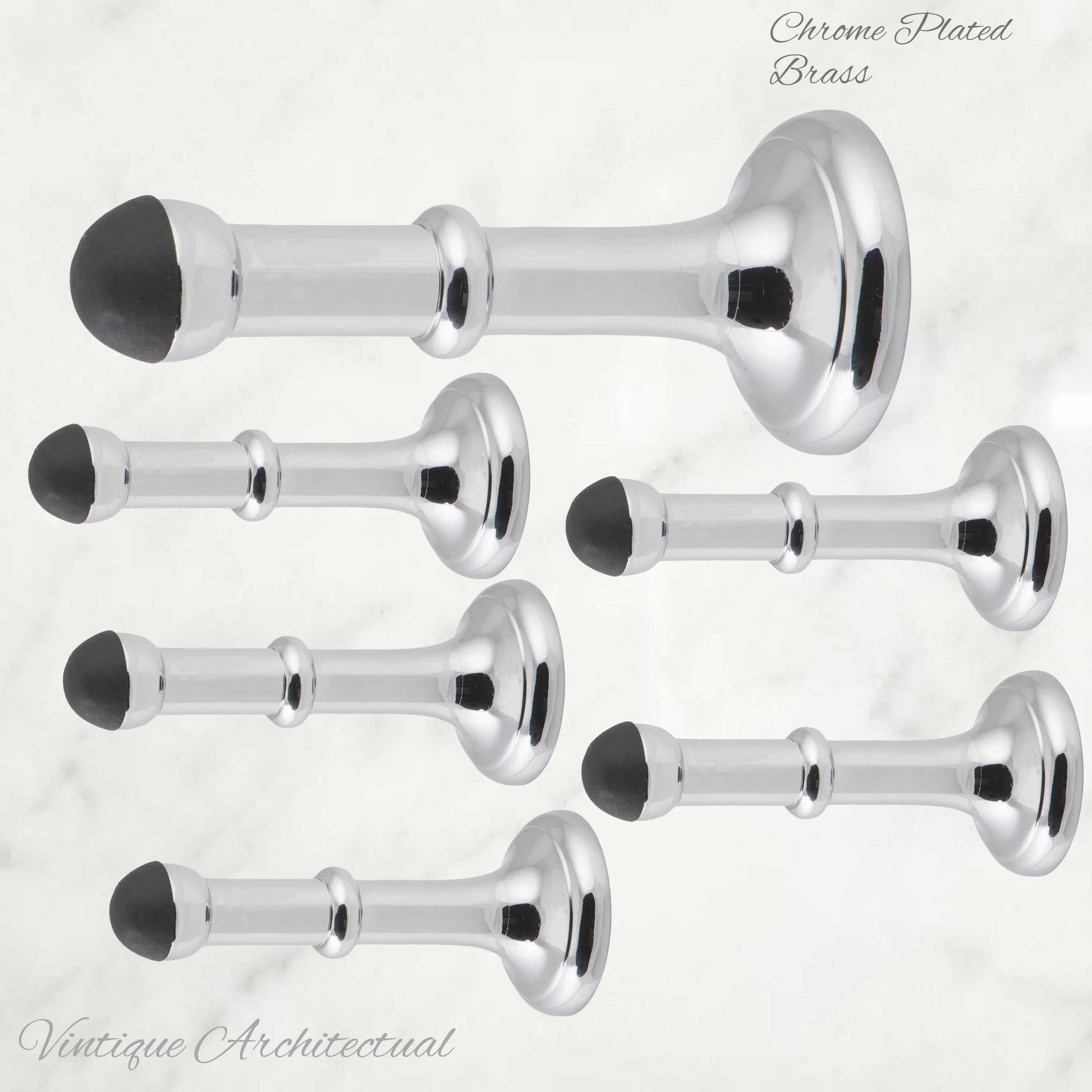 Chrome Plated Brass Classic rubber door stop 100mm Long-Invisible fixing - Vintique Concepts