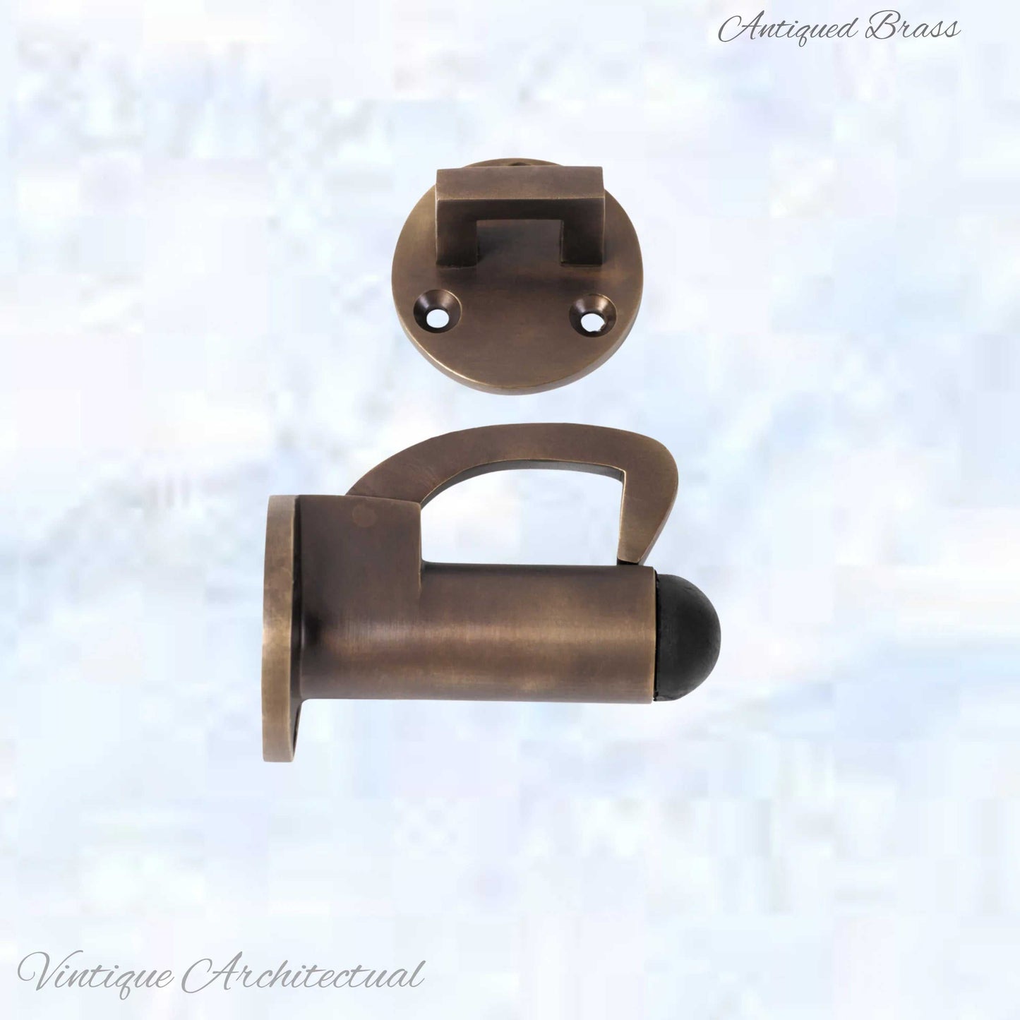 Antiqued Brass Hook & secure rubber door stop -70mm long - Vintique Concepts