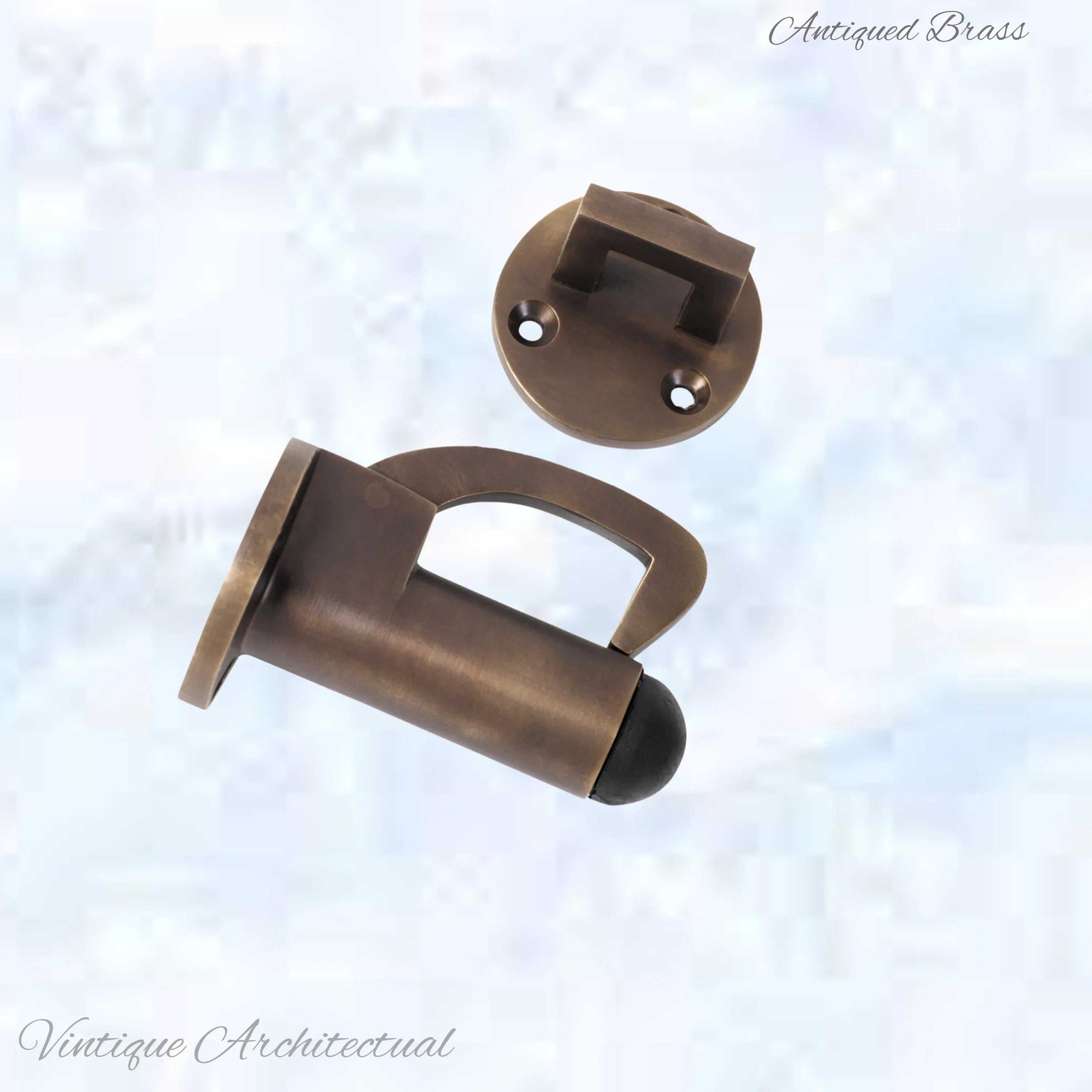 Antiqued Brass Hook & secure rubber door stop -70mm long - Vintique Concepts