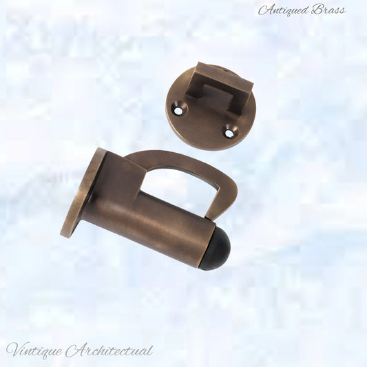 Antiqued Brass Hook & secure rubber door stop -70mm long - Vintique Concepts