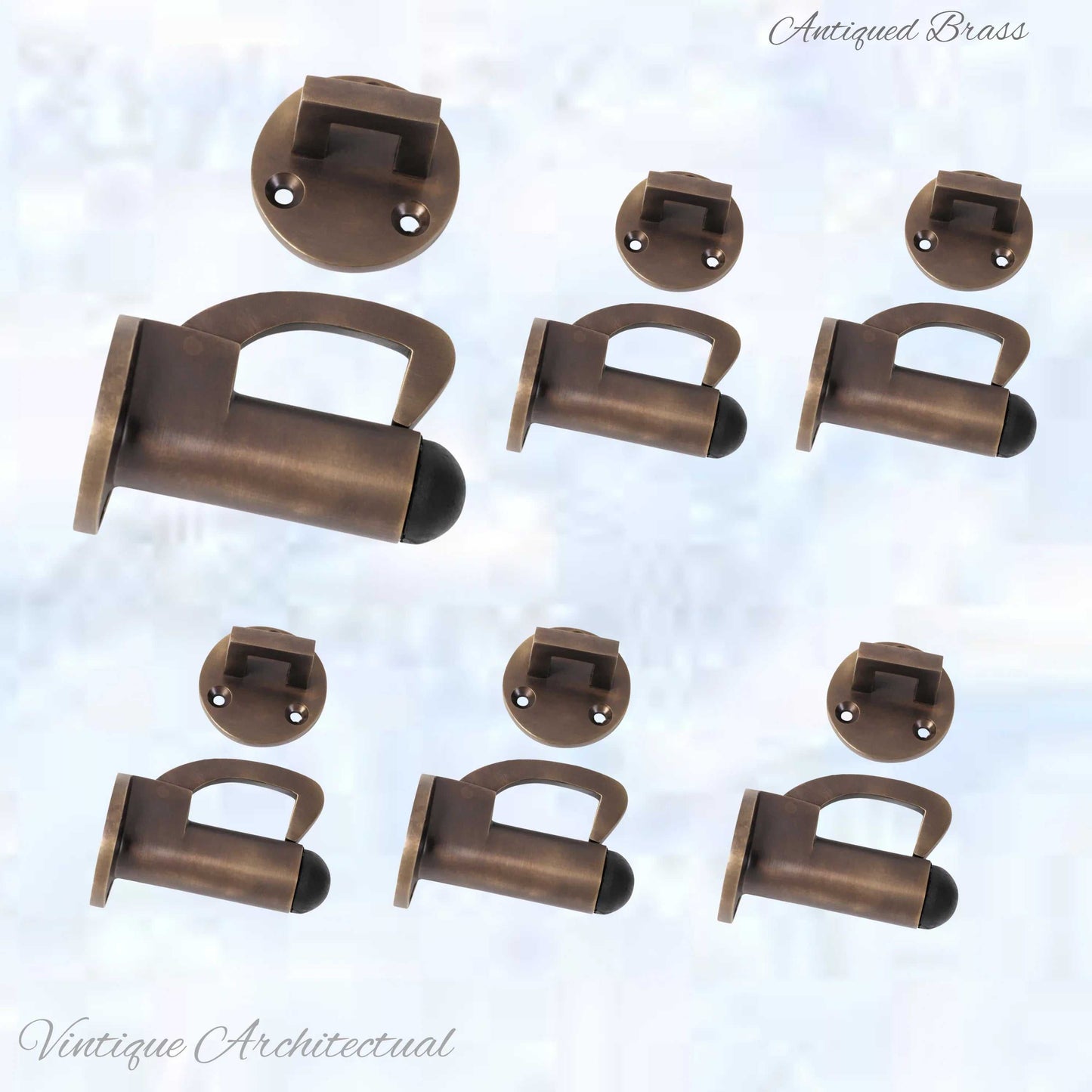 Antiqued Brass Hook & secure rubber door stop -70mm long - Vintique Concepts