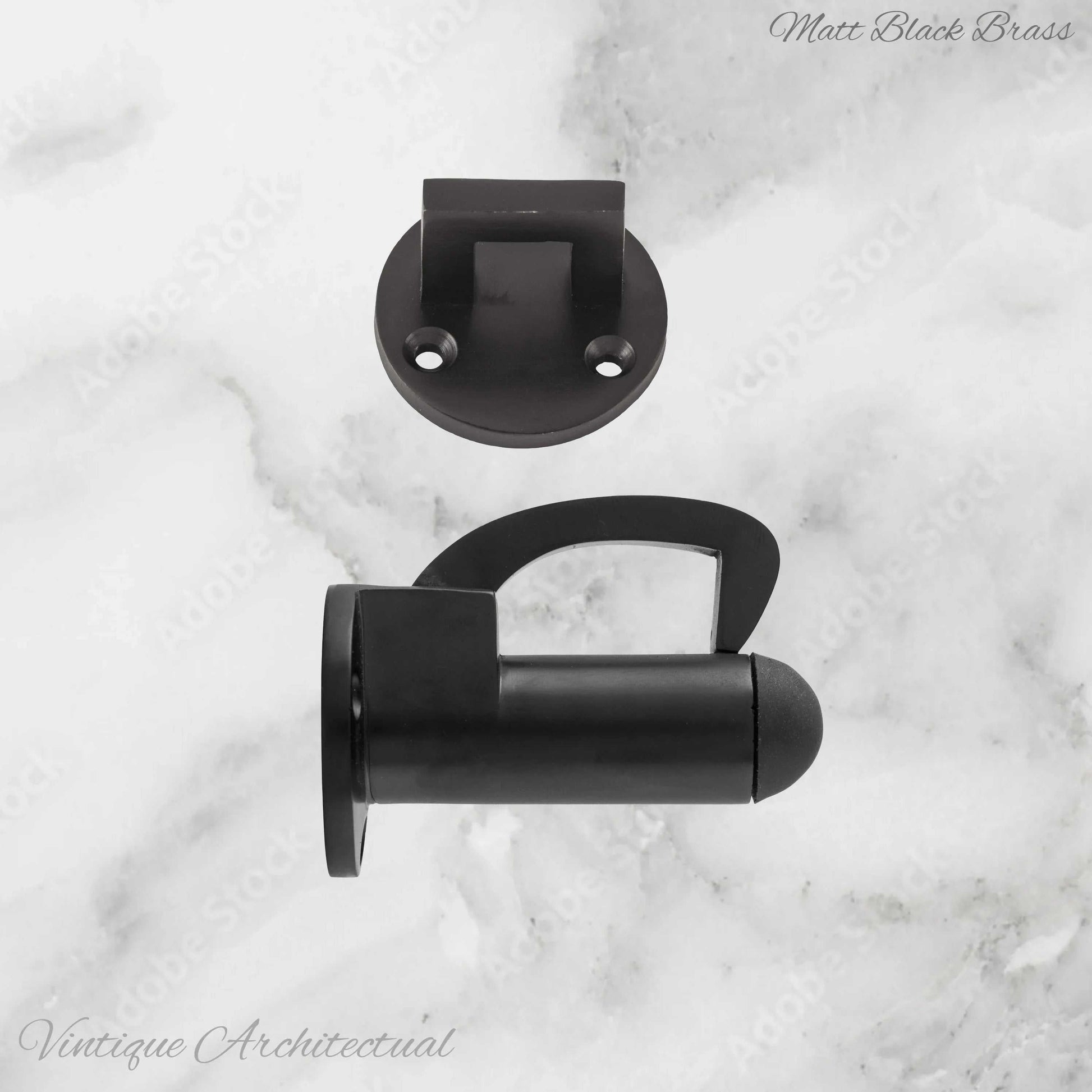 Matt Black Brass Hook & secure rubber door stop -70mm long - Vintique Concepts