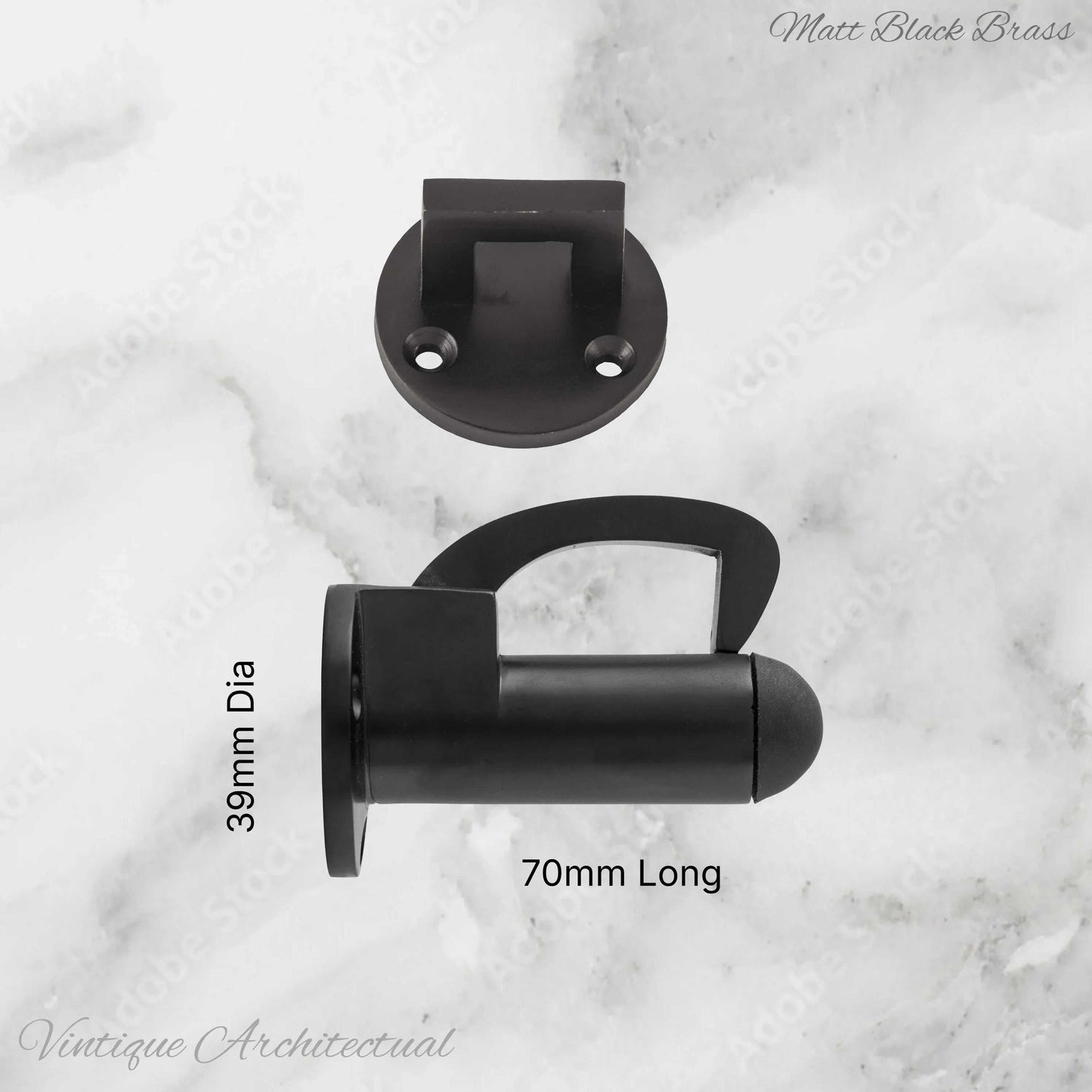 Matt Black Brass Hook & secure rubber door stop -70mm long - Vintique Concepts