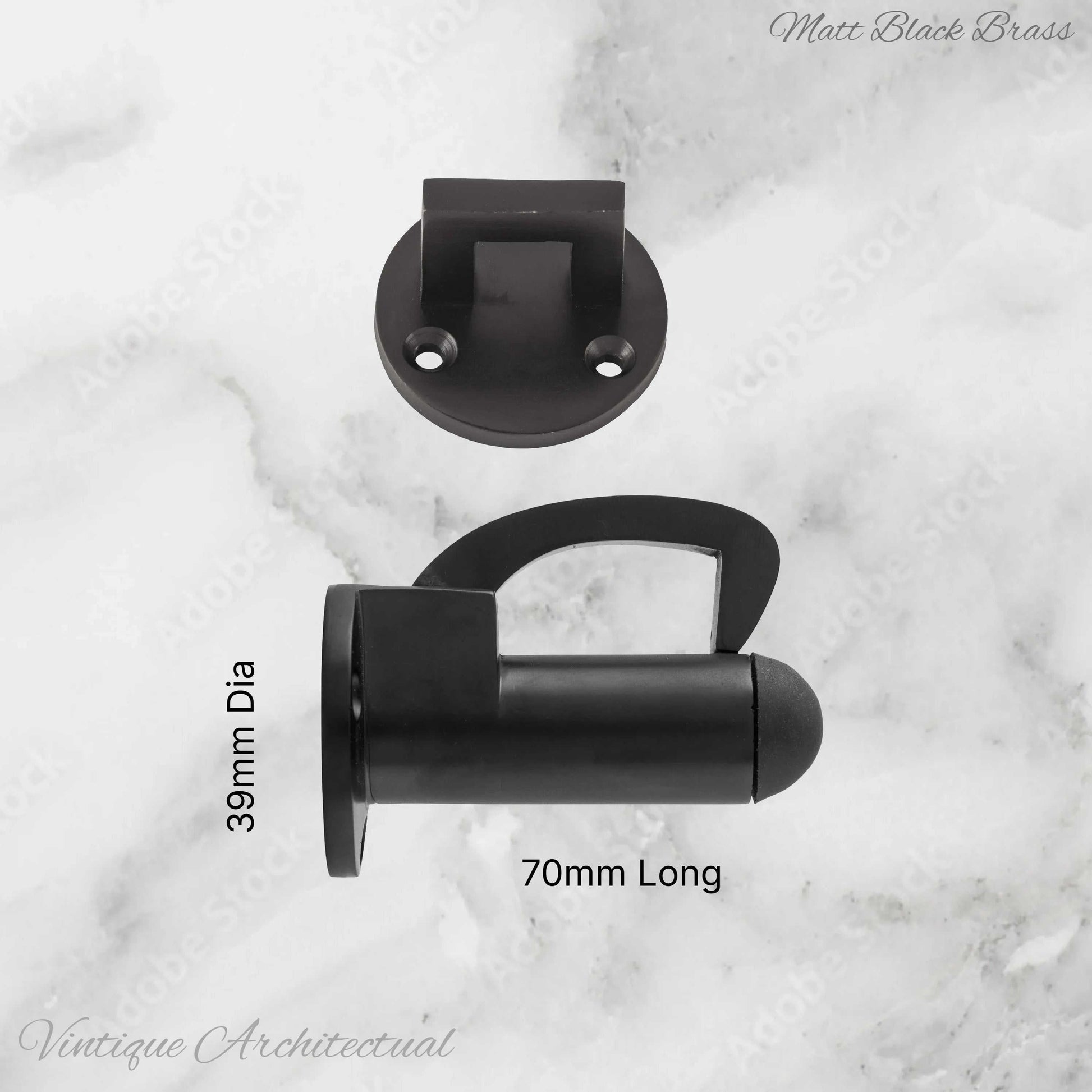 Matt Black Brass Hook & secure rubber door stop -70mm long - Vintique Concepts