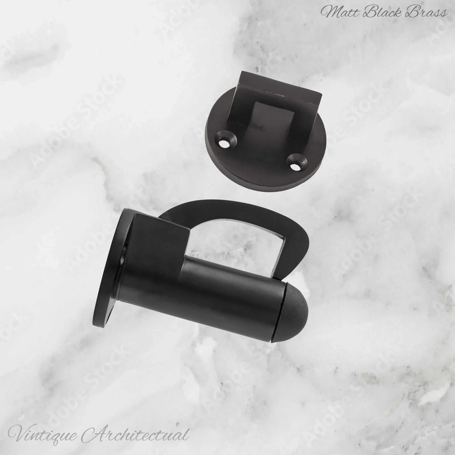 Matt Black Brass Hook & secure rubber door stop -70mm long - Vintique Concepts