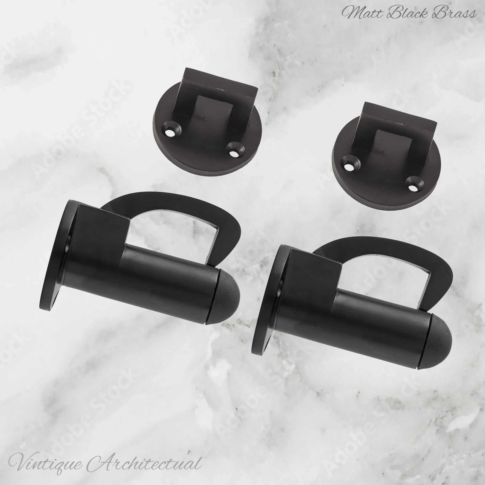 Matt Black Brass Hook & secure rubber door stop -70mm long - Vintique Concepts