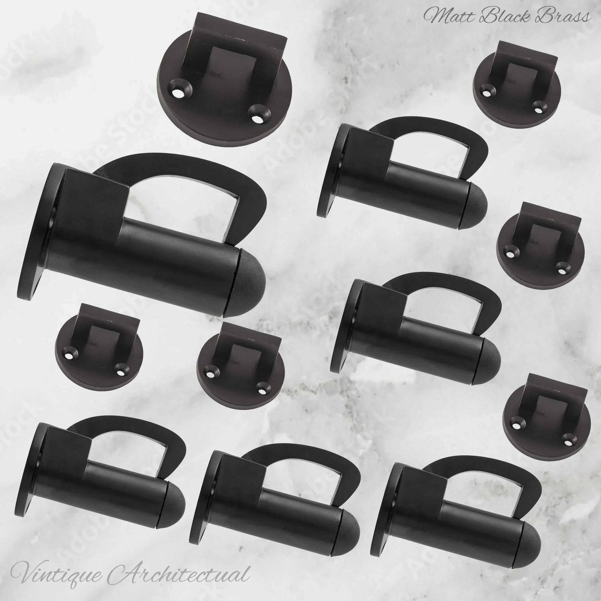 Matt Black Brass Hook & secure rubber door stop -70mm long - Vintique Concepts