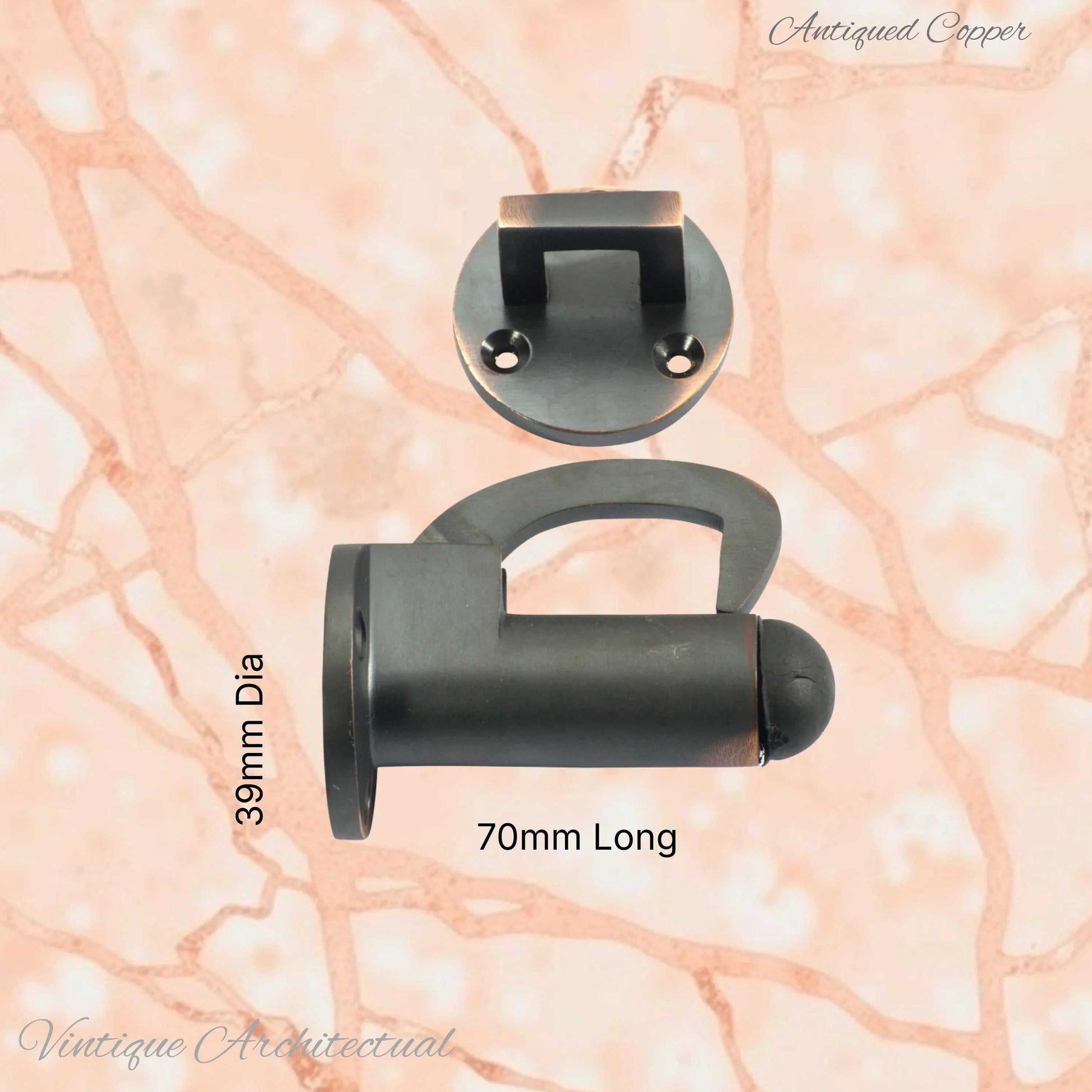 Antiqued Copper Hook & secure rubber door stop -70mm long - Vintique Concepts