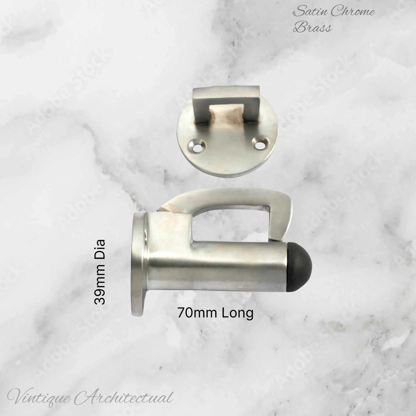 Satin Chrome Hook & secure rubber door stop -70mm long - Vintique Concepts