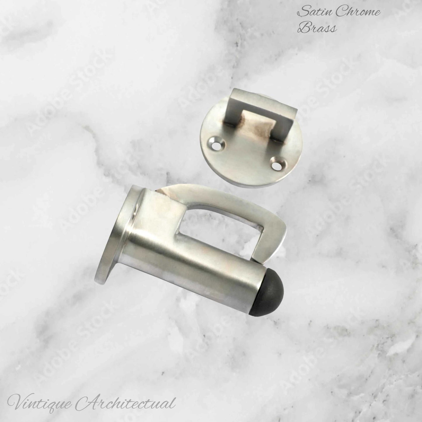 Satin Chrome Hook & secure rubber door stop -70mm long - Vintique Concepts