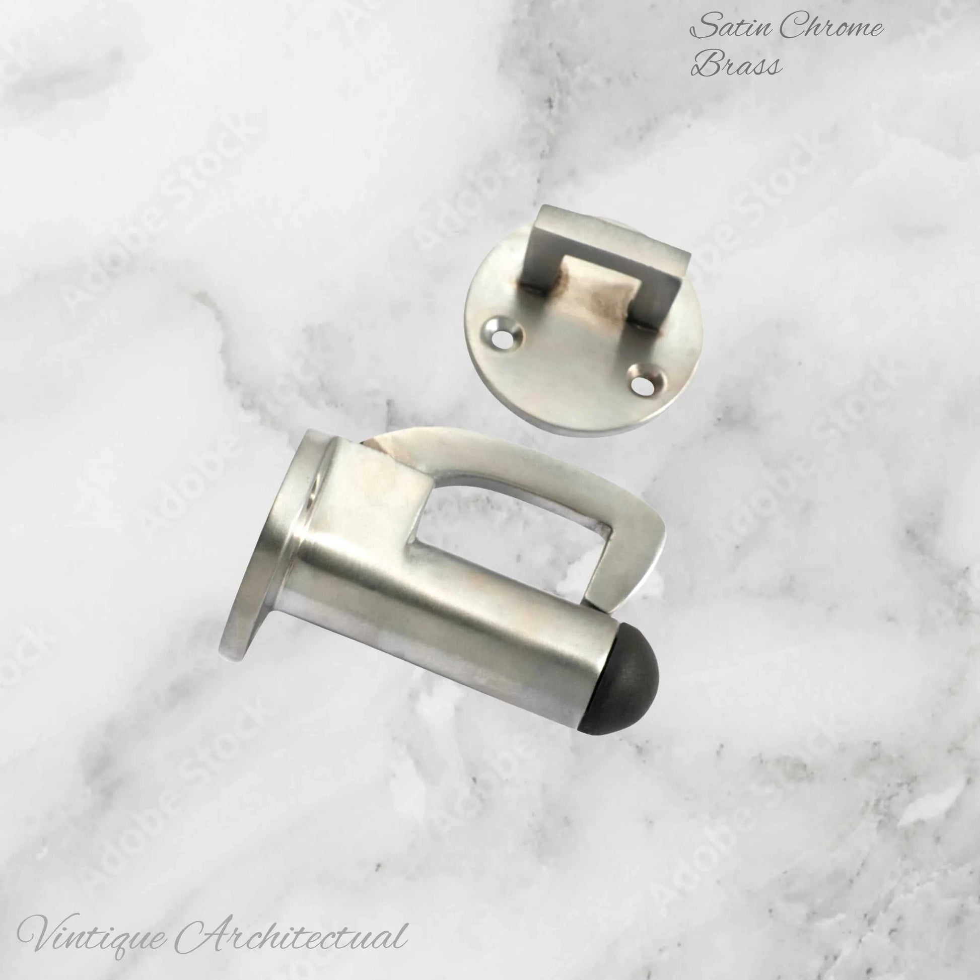 Satin Chrome Hook & secure rubber door stop -70mm long - Vintique Concepts
