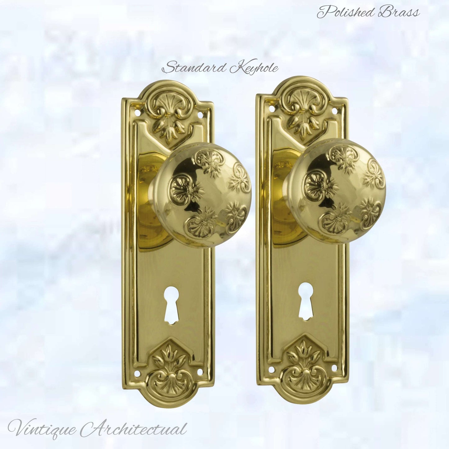 Polished Brass Francais Door knob W/backplate 188mmx58mm - Vintique Concepts