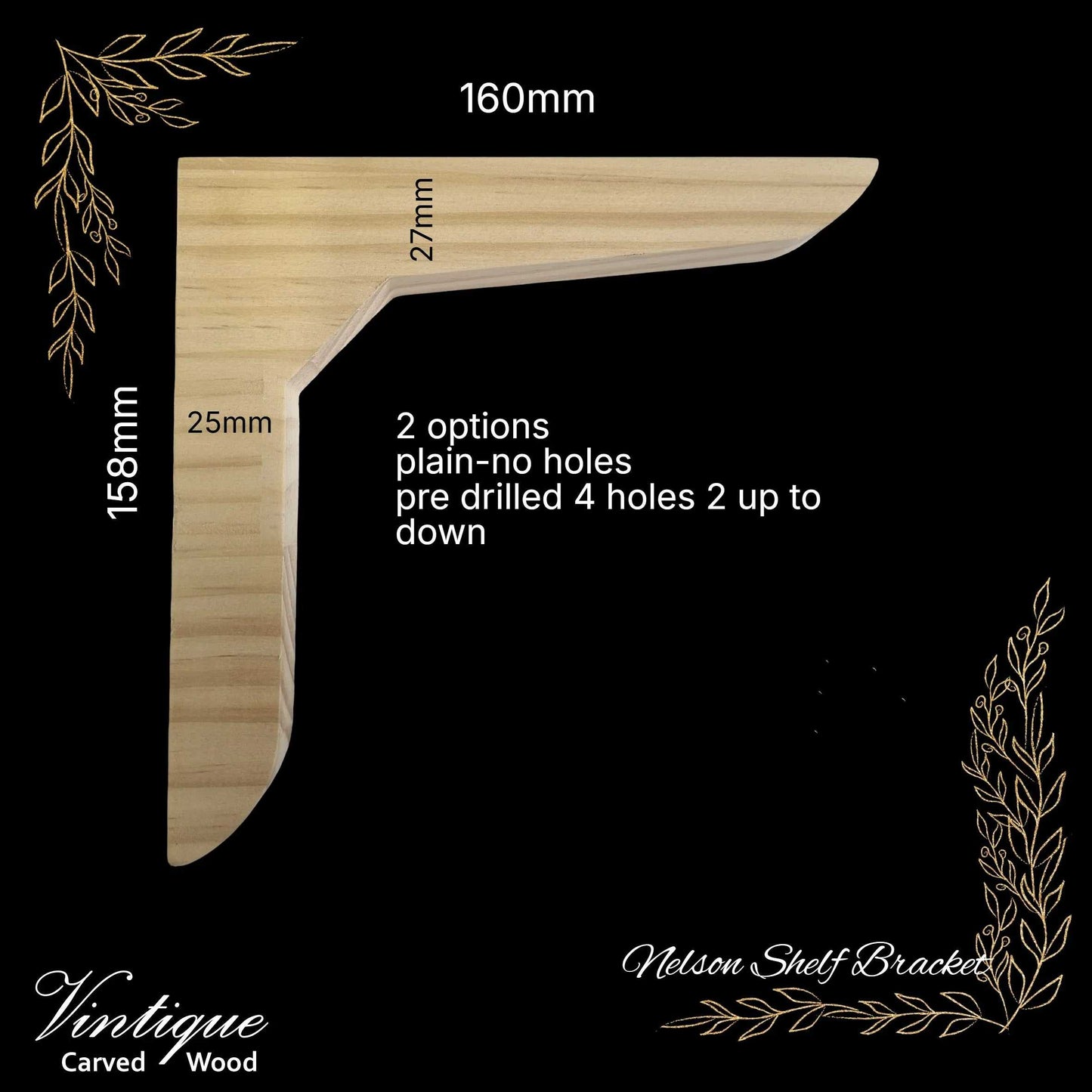 Nelson unfinished small carved wood shelf Bracket 160mm x 158mm - Vintique Concepts