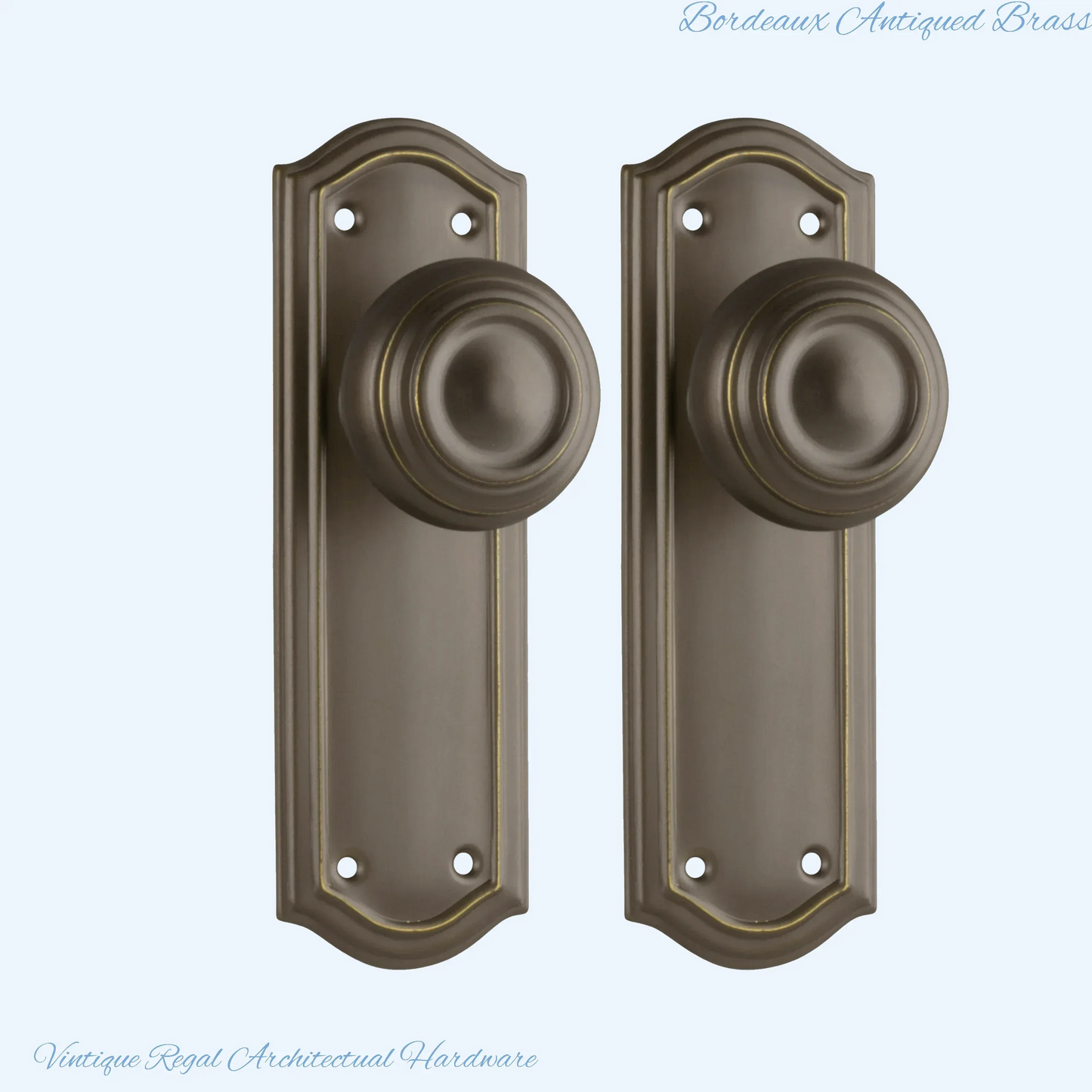 Antiqued Brass Bordeaux Door knob W/backplate 175 x 58mm - Vintique Concepts