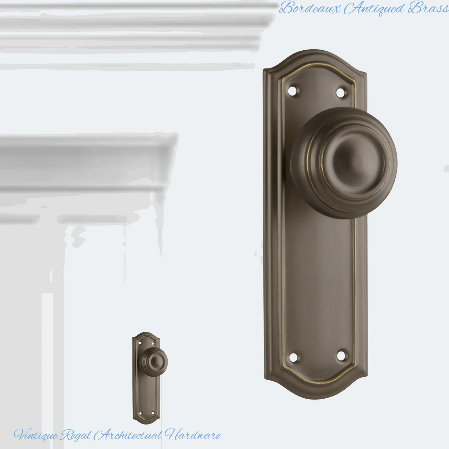 Antiqued Brass Bordeaux Door knob W/backplate 175 x 58mm - Vintique Concepts