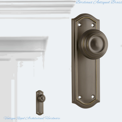 Antiqued Brass Bordeaux Door knob W/backplate 175 x 58mm - Vintique Concepts