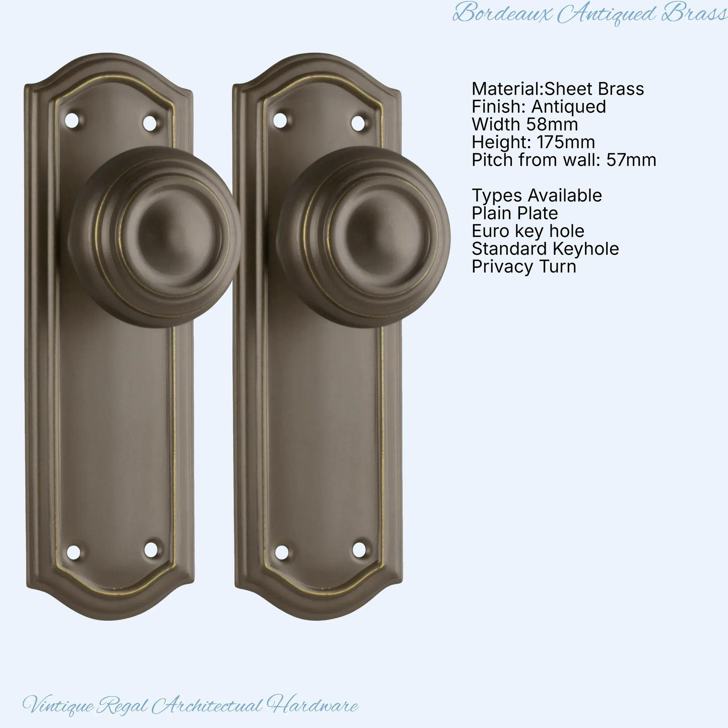 Antiqued Brass Bordeaux Door knob W/backplate 175 x 58mm - Vintique Concepts