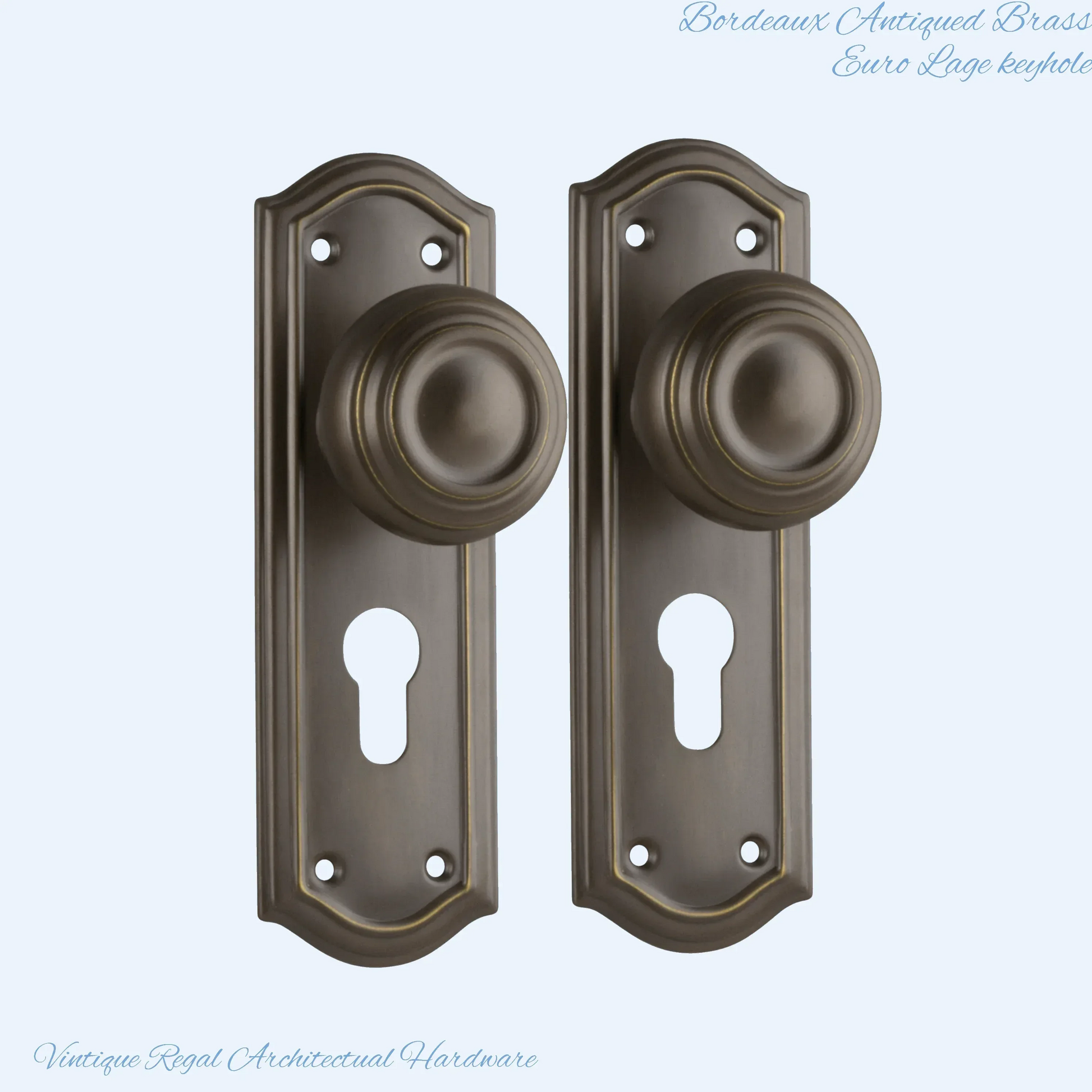 Antiqued Brass Bordeaux Door knob W/backplate 175 x 58mm - Vintique Concepts