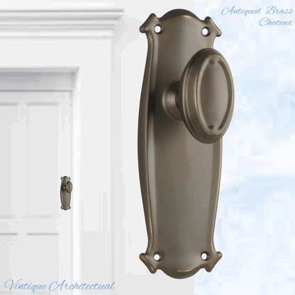 Antiqued Brass Chateau Door knob W/backplate 197 x 68mm - Vintique Concepts