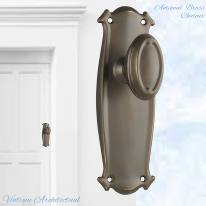 Antiqued Brass Chateau Door knob W/backplate 197 x 68mm