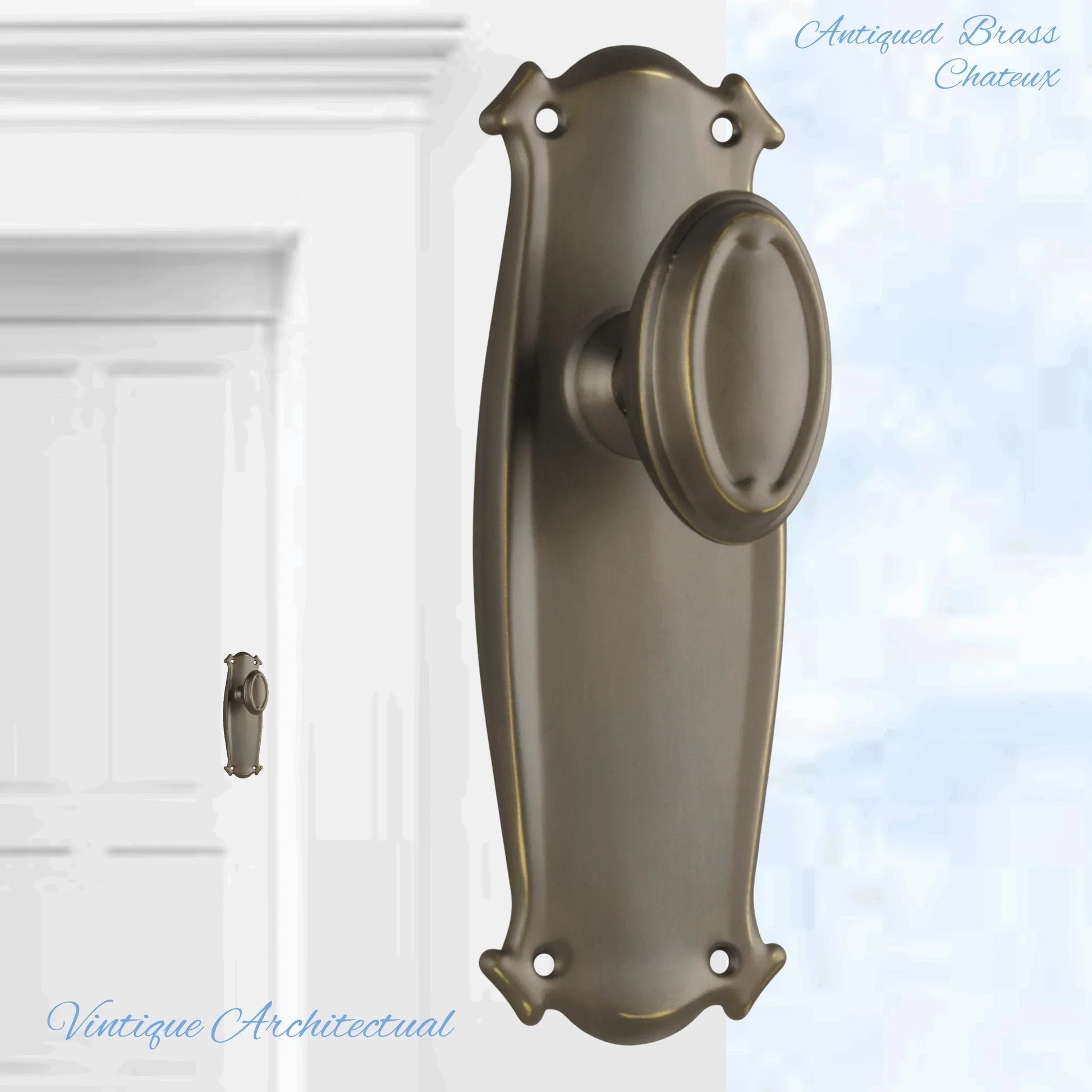 Antiqued Brass Chateau Door knob W/backplate 197 x 68mm - Vintique Concepts