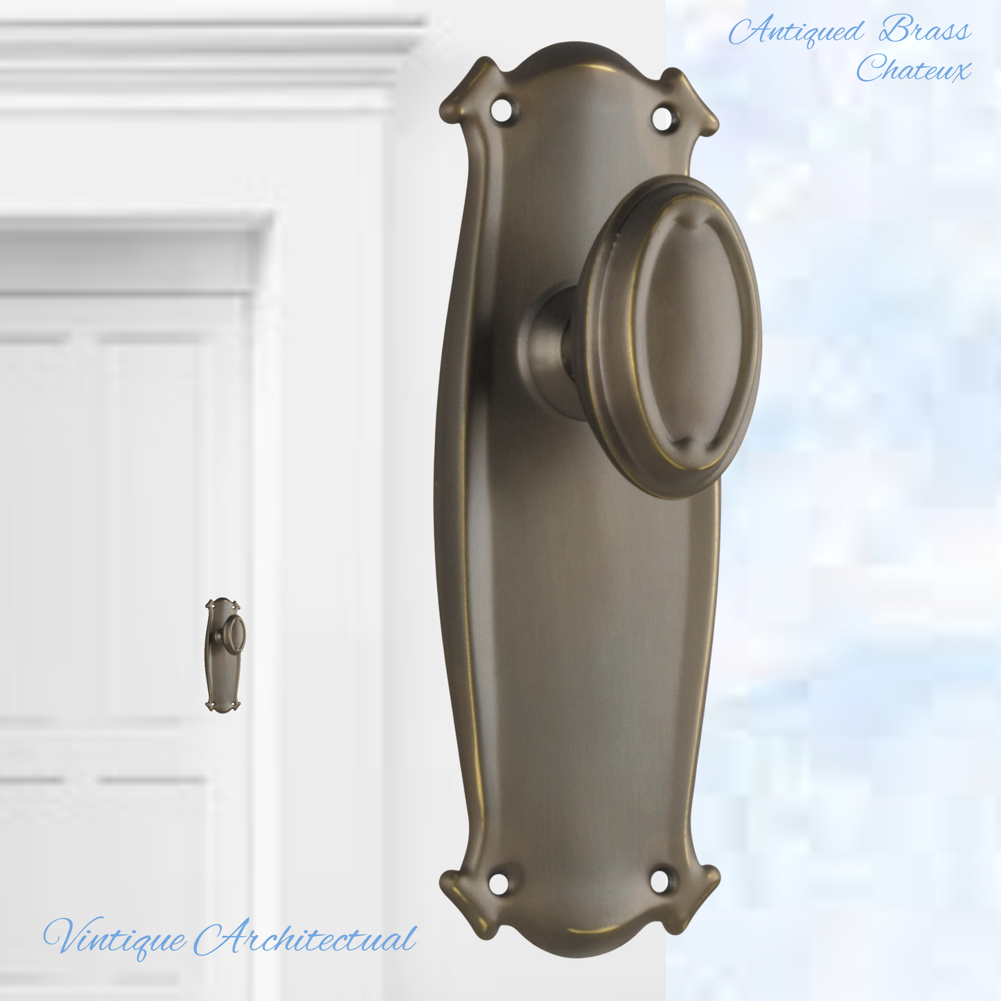 Antiqued Brass Chateau Door knob W/backplate 197 x 68mm