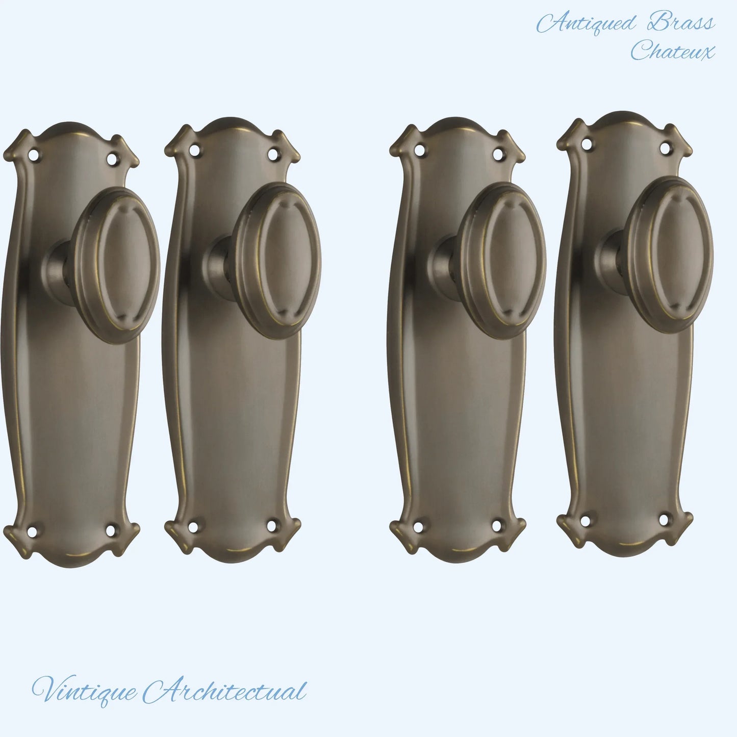 Antiqued Brass Chateau Door knob W/backplate 197 x 68mm - Vintique Concepts