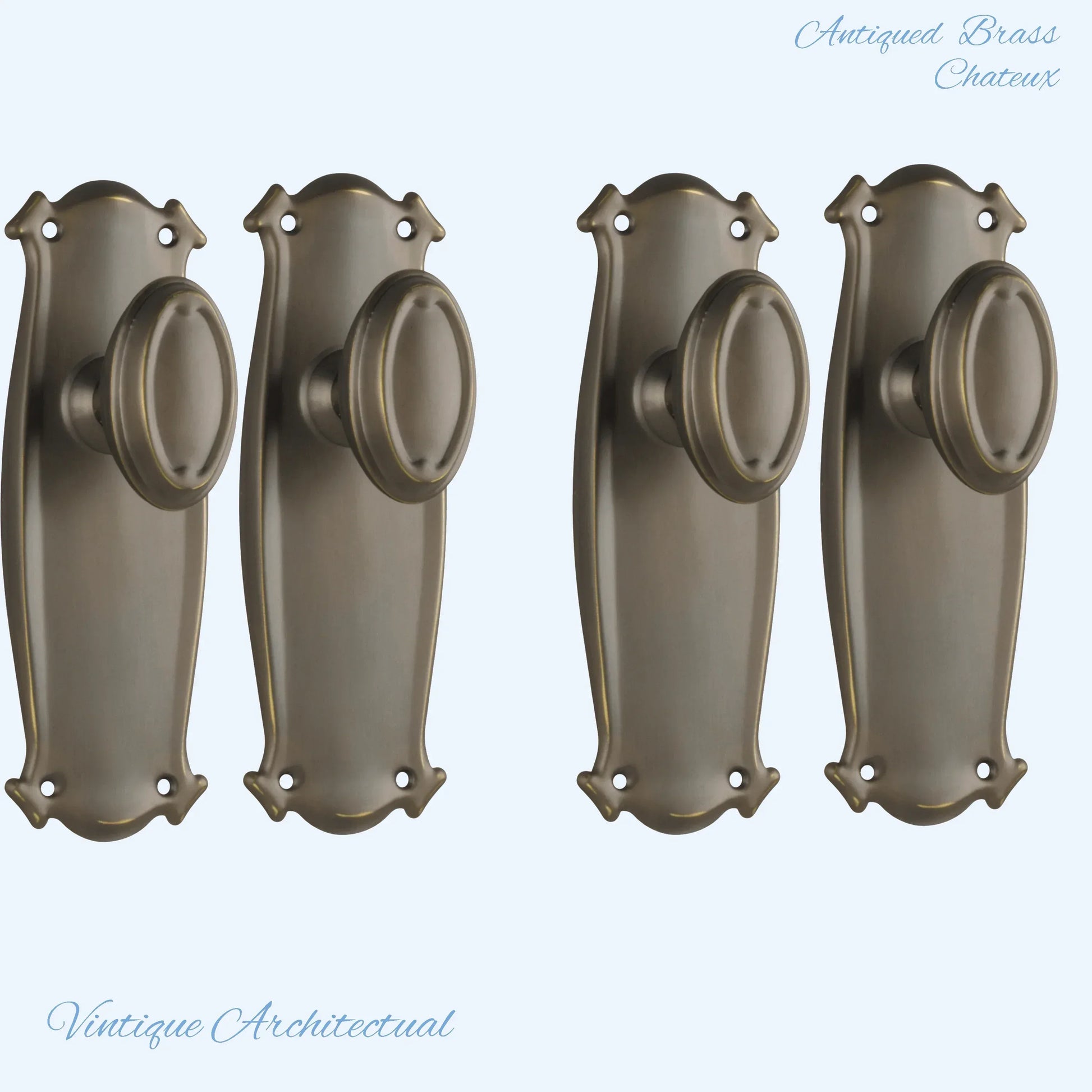 Antiqued Brass Chateau Door knob W/backplate 197 x 68mm - Vintique Concepts