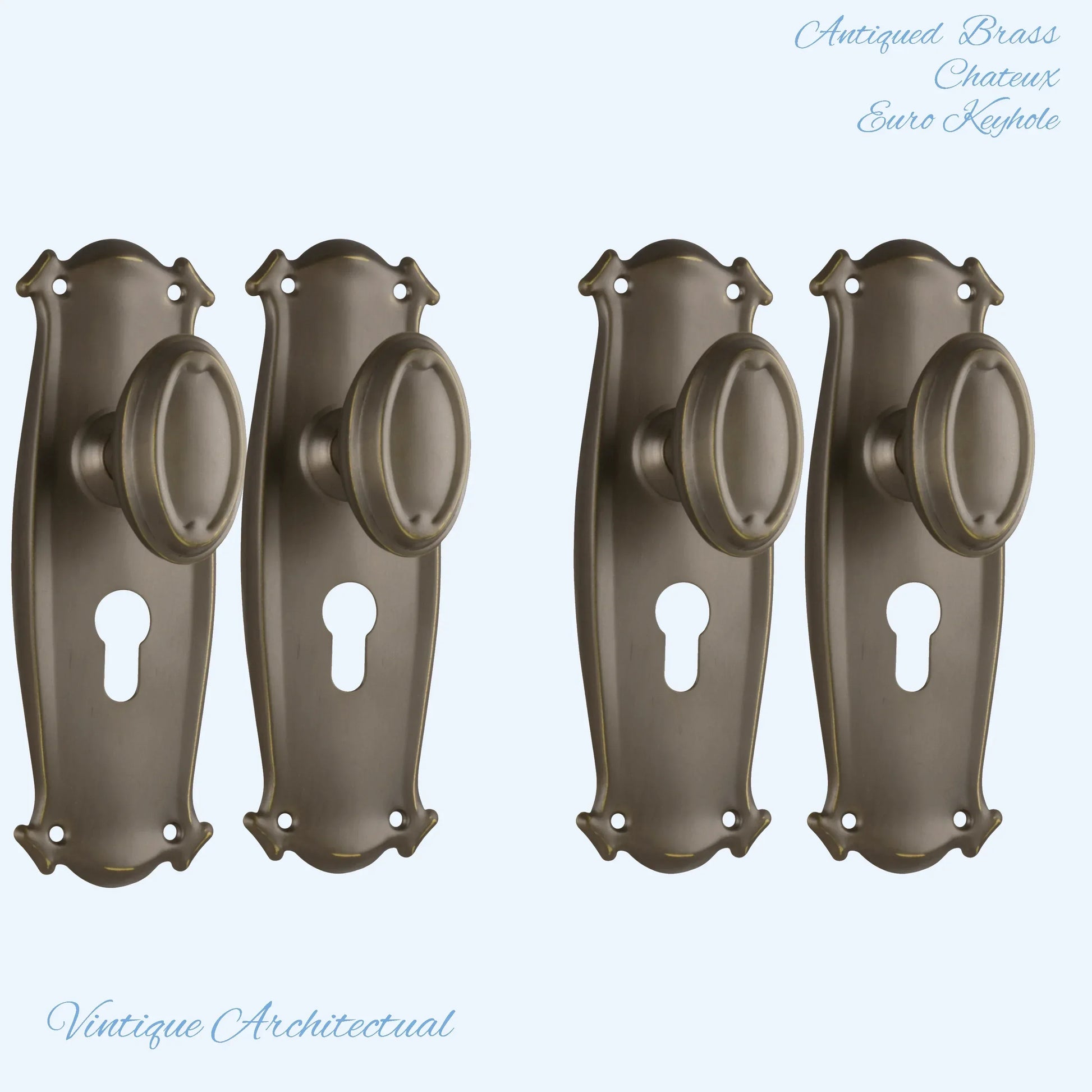 Antiqued Brass Chateau Door knob W/backplate 197 x 68mm - Vintique Concepts