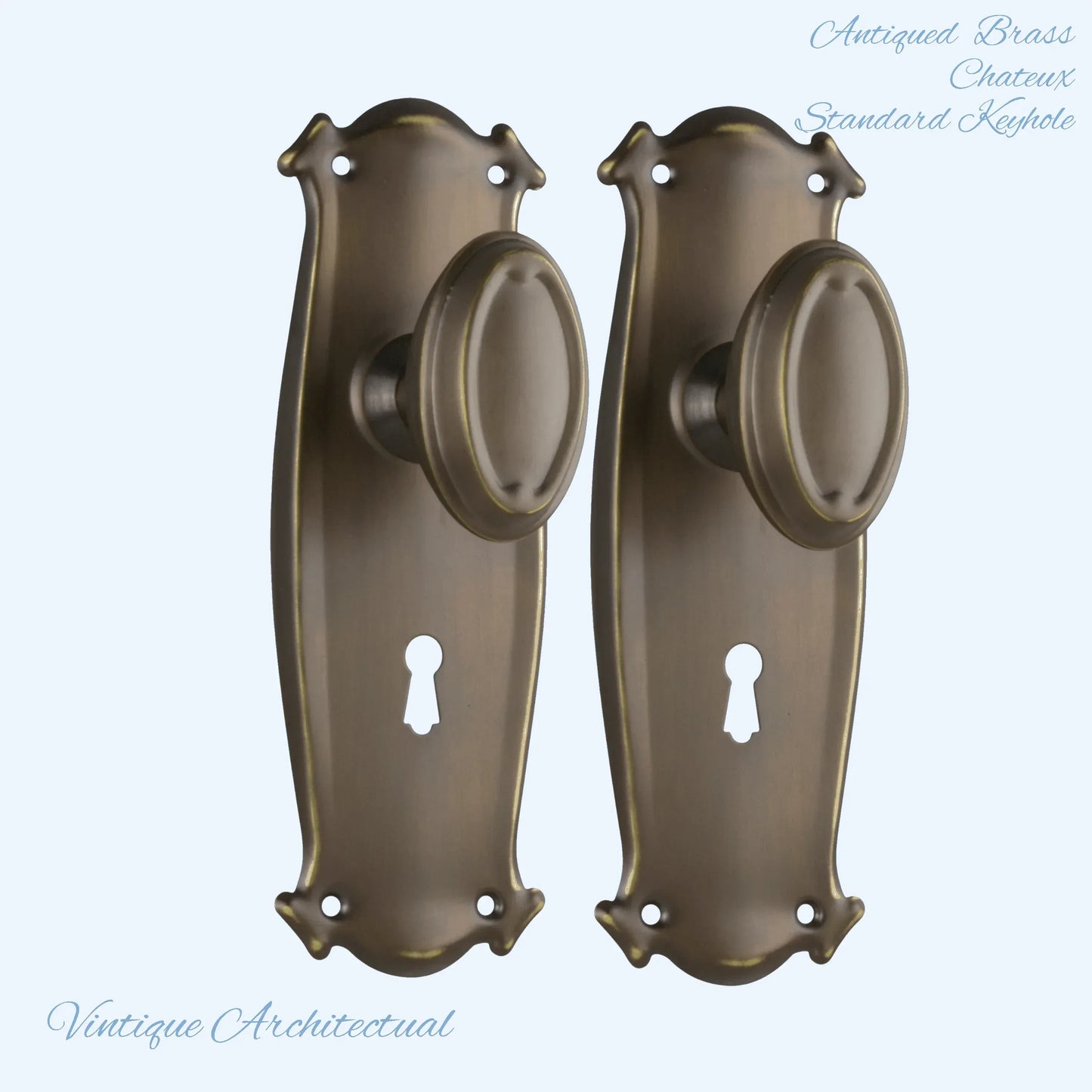 Antiqued Brass Chateau Door knob W/backplate 197 x 68mm - Vintique Concepts