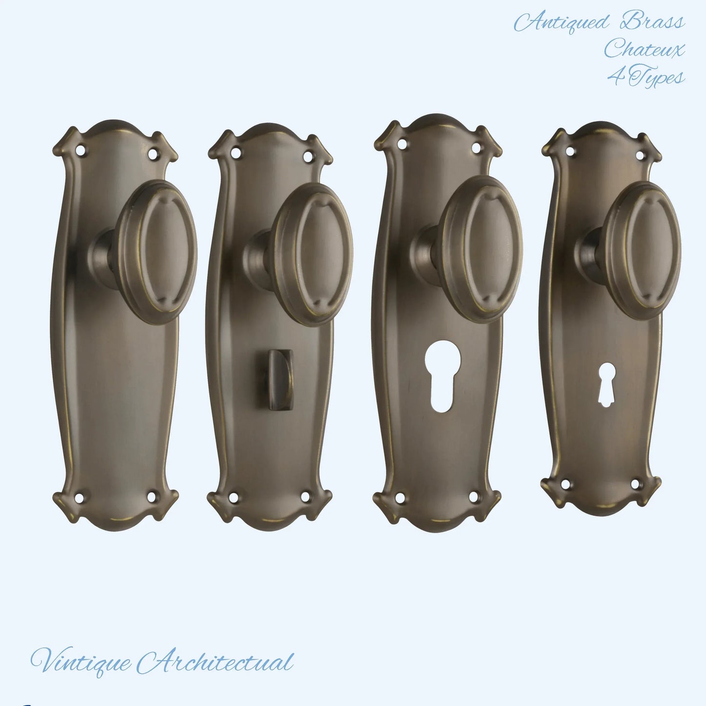 Antiqued Brass Chateau Door knob W/backplate 197 x 68mm - Vintique Concepts