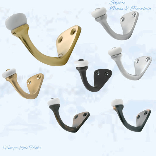 Sceptre Brass & Porcelain Hook 45mm high (x70mm) 7 Finishes - Vintique Concepts