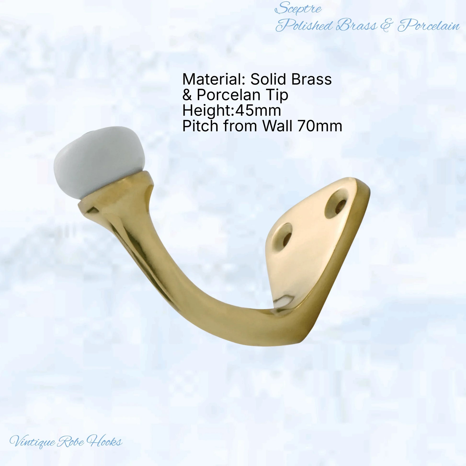 Sceptre Brass & Porcelain Hook 45mm high (x70mm) 7 Finishes - Vintique Concepts
