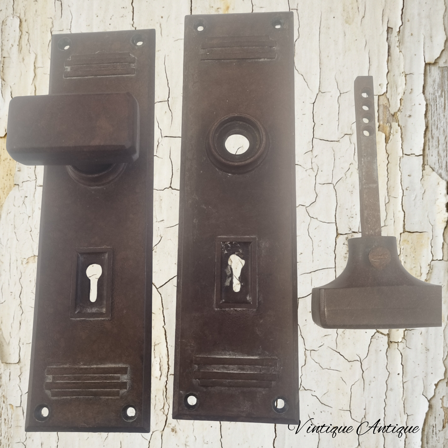 Antique Rectangle Bakelite door Knob set ,2x Backplate & Spindle