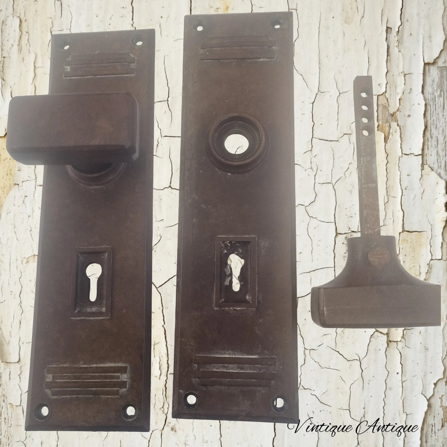 Antique Rectangle Bakelite door Knob set ,2x Backplate & Spindle