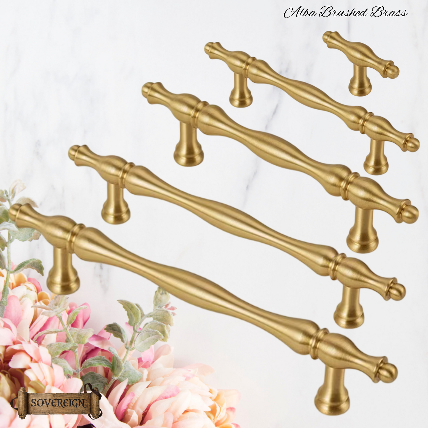 "Alba"Sovereign Brushed Brass ornate cabinet/Drawer handle-5 Sizes