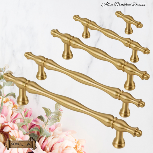 "Alba"Sovereign Brushed Brass ornate cabinet/Drawer handle-5 Sizes
