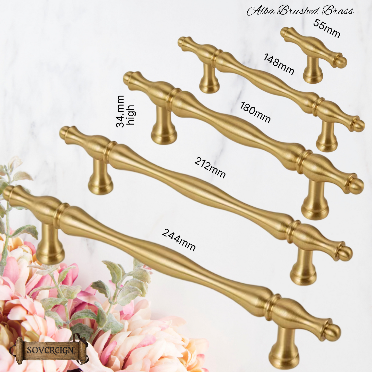 "Alba"Sovereign Brushed Brass ornate cabinet/Drawer handle-5 Sizes