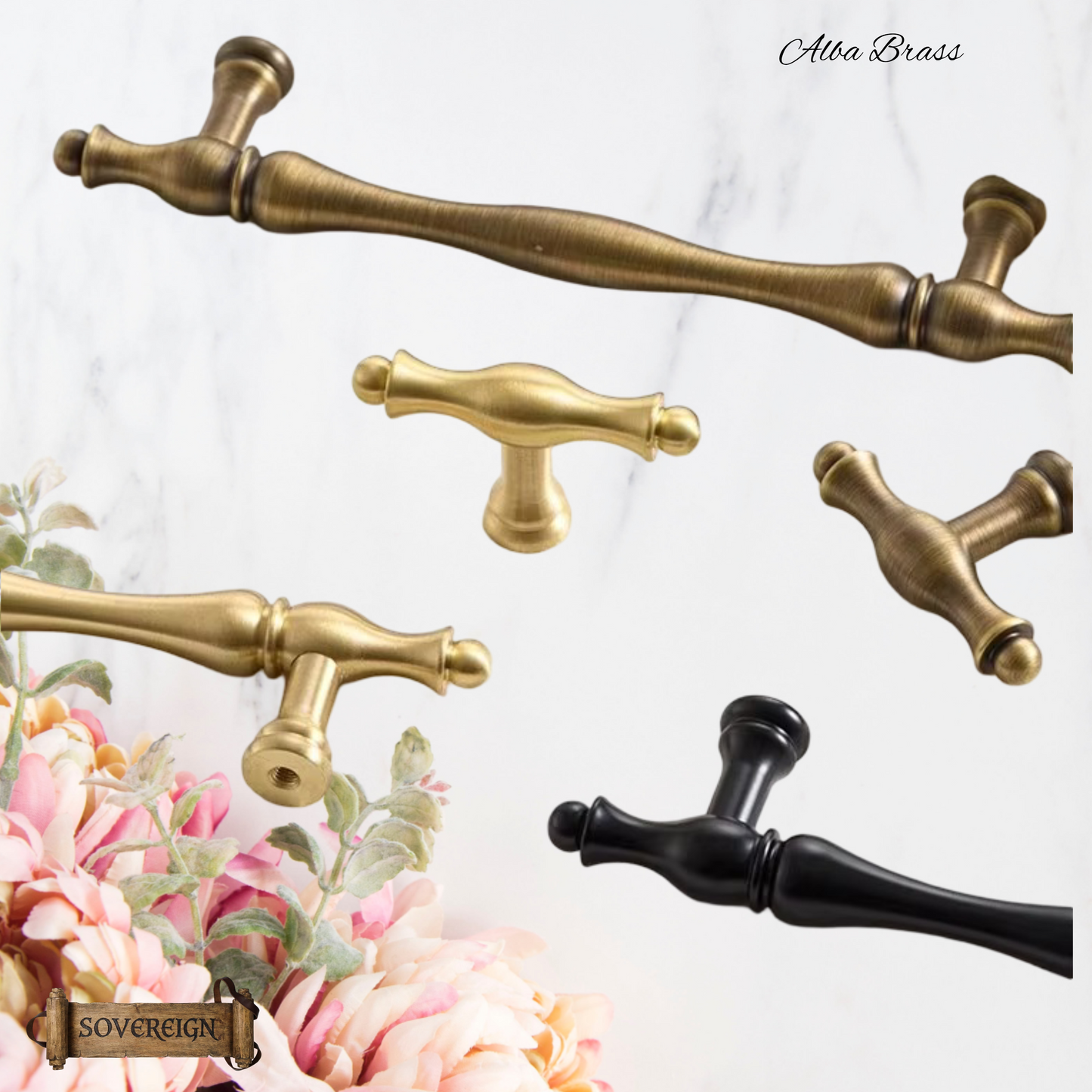 "Alba"Sovereign Brushed Brass ornate cabinet/Drawer handle-5 Sizes